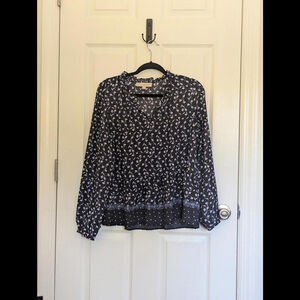 LOFT Long Sleeve Navy Floral Chiffon Blouse Sz M Boho Cottagecore Peasant EUC